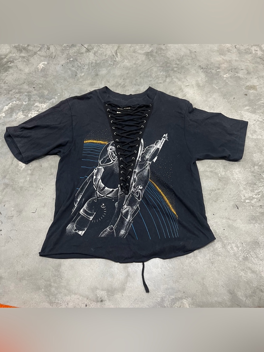 Furst of A Kind Harrier 1989 Plane ReWorked Black Graphic Lace Up Shirt AOP Sz S